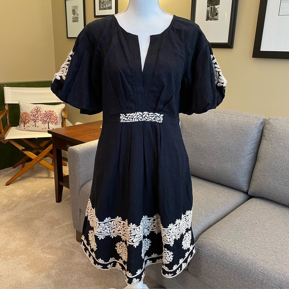 Anthropologie NWT Black Dress with Ivory Embroidery Size 14